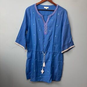 Umgee Embroidered Boho Tie Waist Tunic Dress in Blue. Women’s Medium